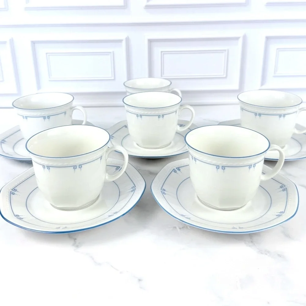 Schirnding Bavaria MCM Blue Greek Key Set of 6 Teacups & 5 Saucers